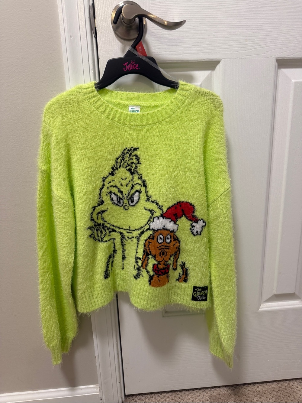 Justice Neon Green Fuzzy Grinch Graphic Sweater